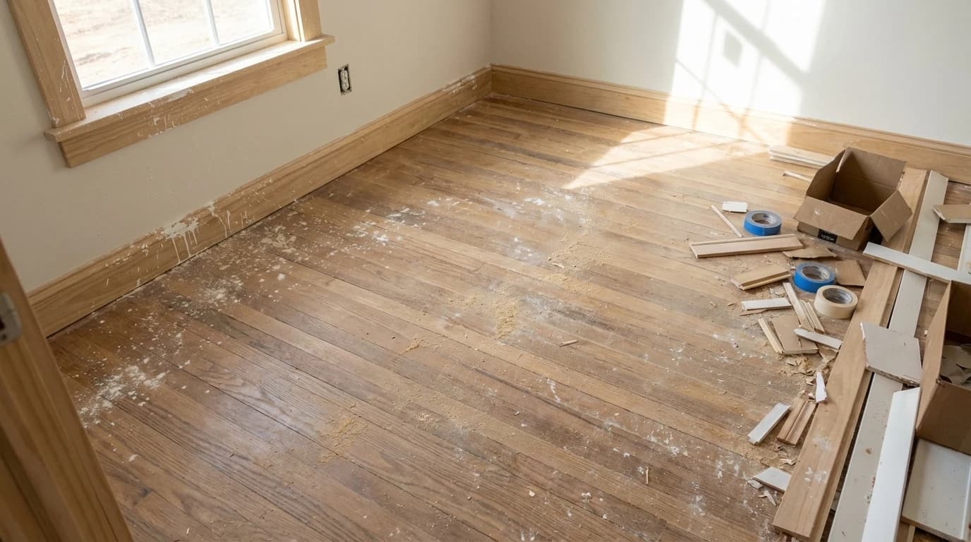Post-construction room with sawdust and debris needing professional cleaning in Coquitlam