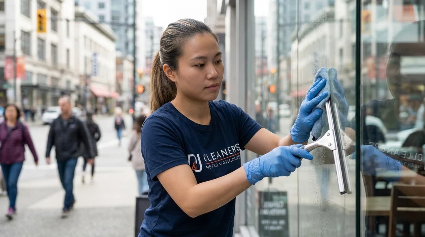 Professional cleaner sanitizing restaurant window glass with microfiber cloth and spray bottle