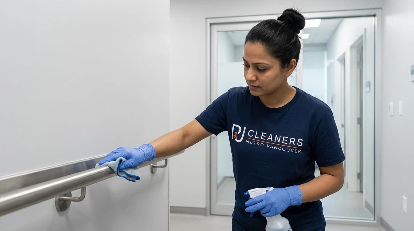 Cleaner disinfects medical facility door handle and handrail with hospital-grade wipes