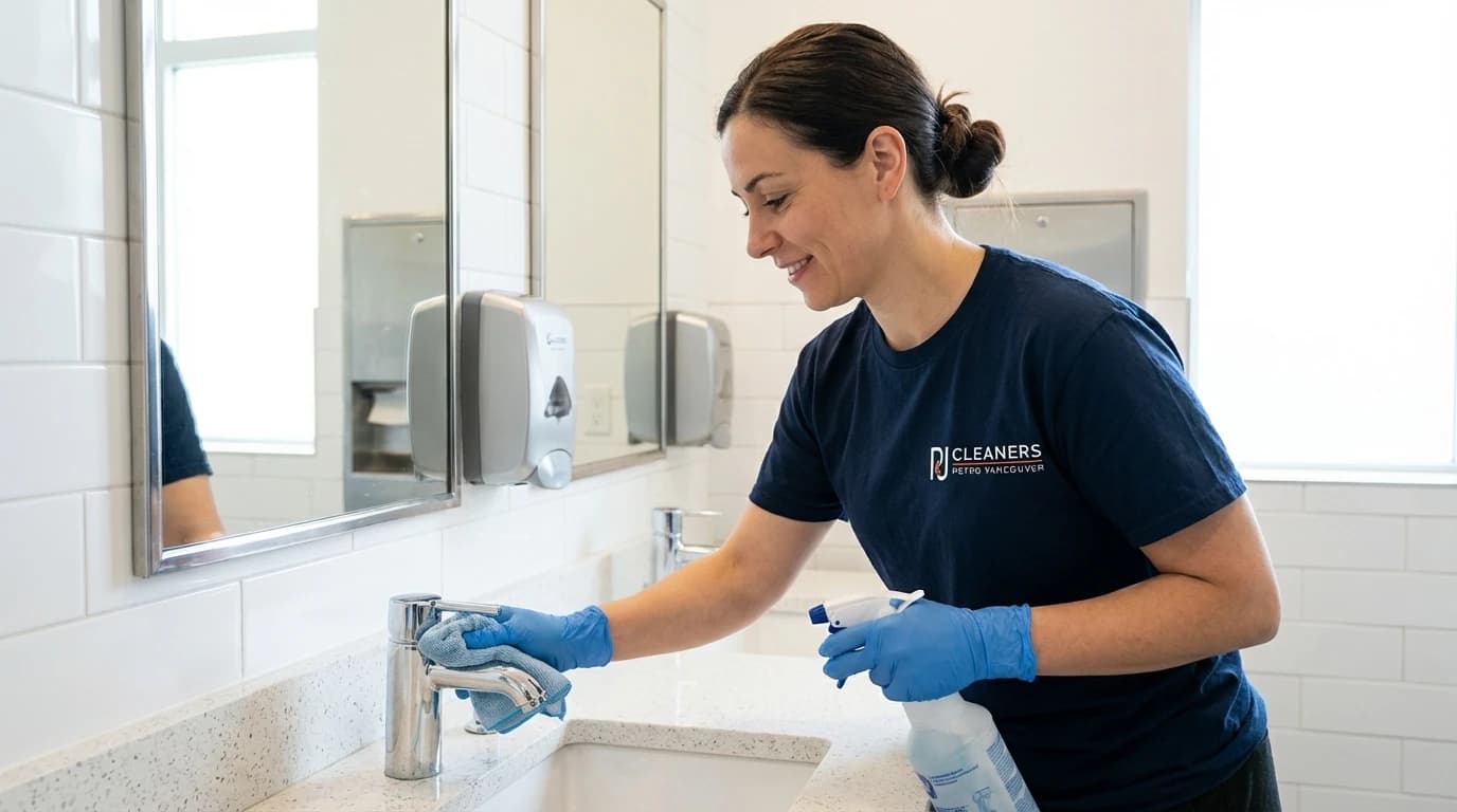 Professional cleaner sanitizing restaurant restroom fixtures and mirrors
