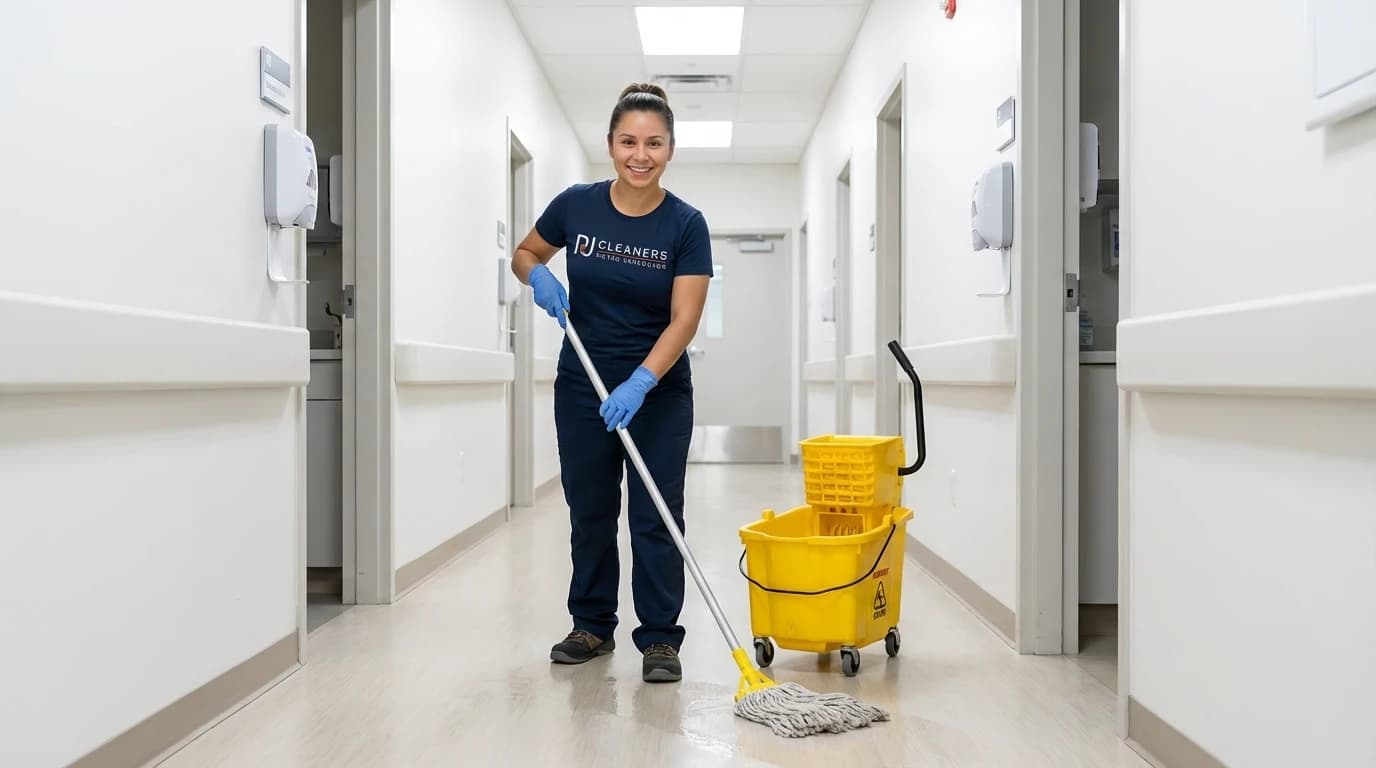 Professional cleaner mops medical clinic hallway with microfibre system and disinfectant solution