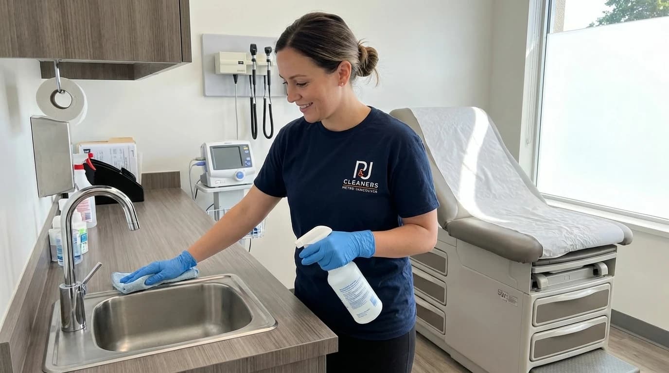 Cleaner disinfects medical reception counter with hospital-grade solution and microfibre cloth