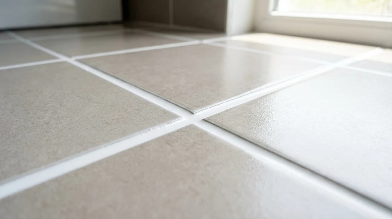 Professionally cleaned white tile and grout in Surrey move-out property showing spotless results