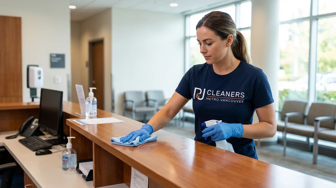 Professional cleaner sanitizes medical reception desk and patient check-in counter with microfibre cloth