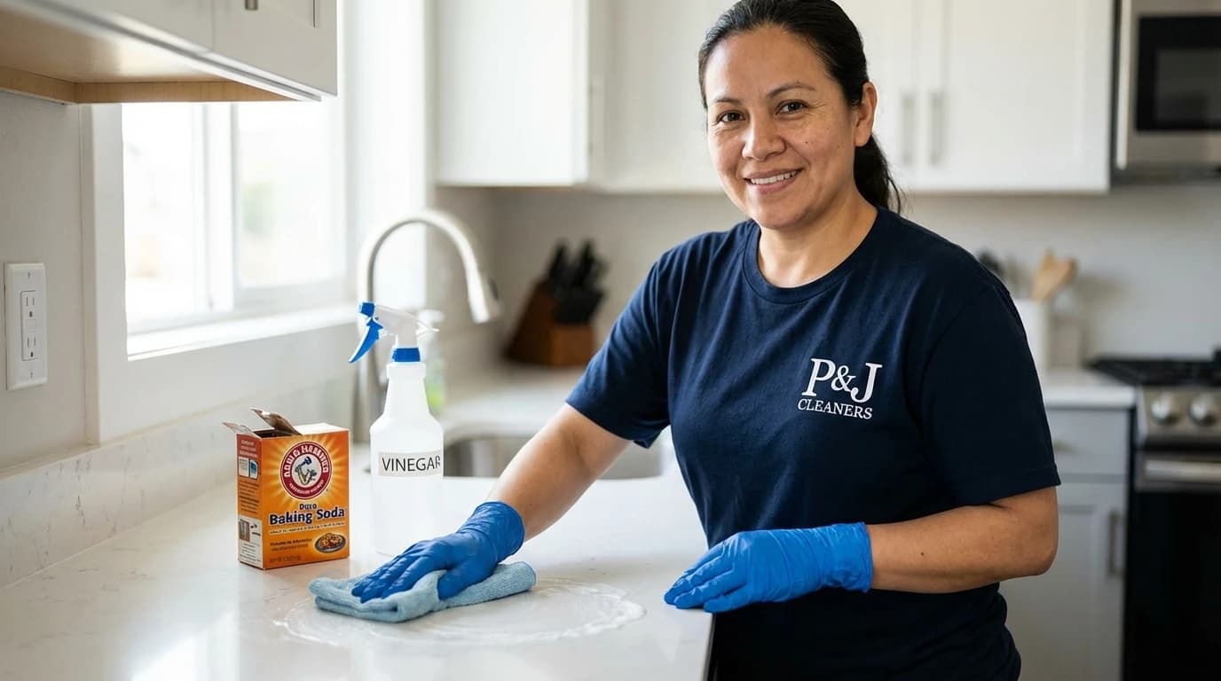 Professional cleaner using specialized cleaning solutions for difficult stain removal