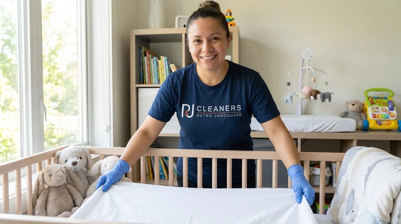 Professional cleaner smoothing fresh white sheets on bed in bright nursery