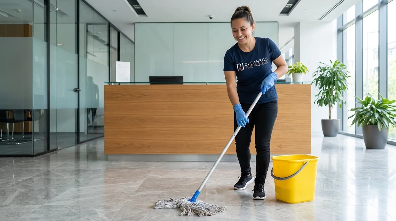 Professional cleaner mopping Vancouver strata lobby floor preventing moisture buildup