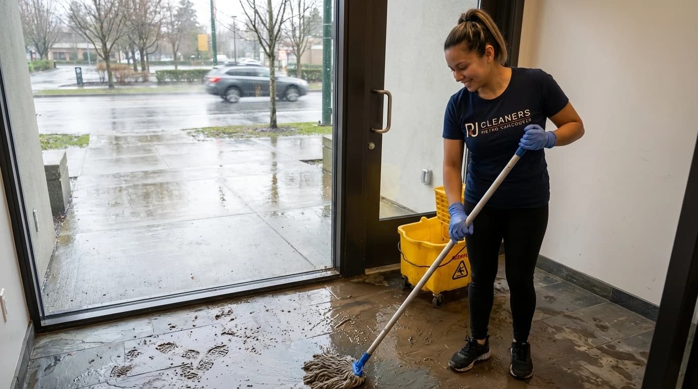Professional cleaner removing mud and marks from organized entryway floor