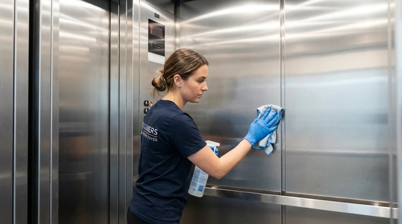 Cleaner wiping elevator interior in Surrey high-rise building
