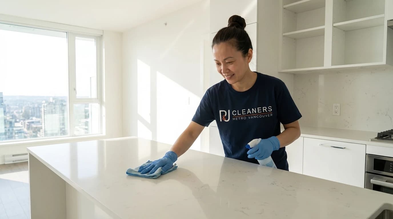 Professional cleaner wiping empty apartment kitchen for move-out deposit return