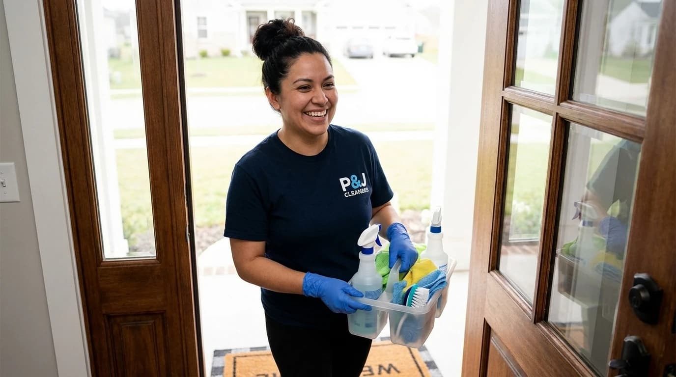 Professional cleaning team arriving with equipment