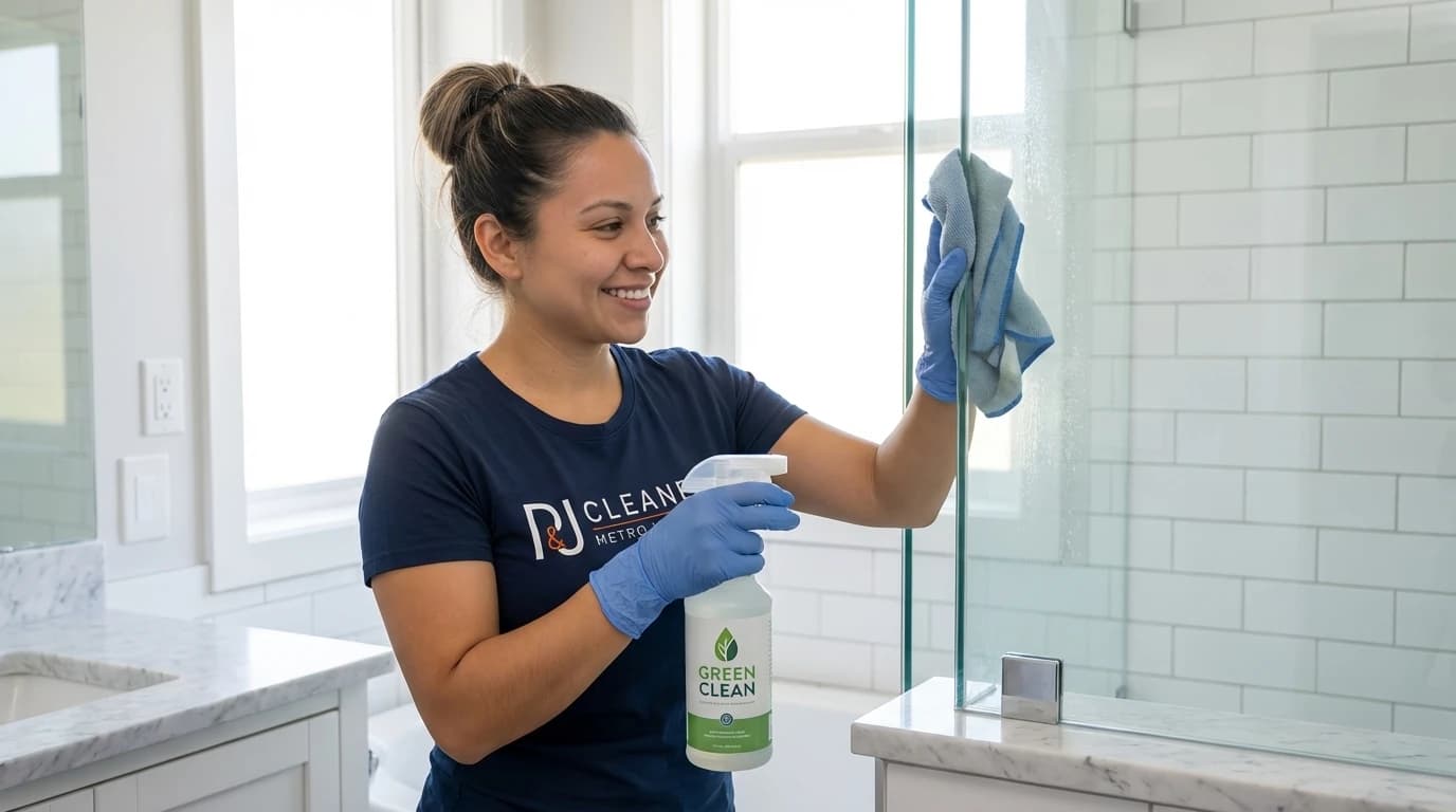 Professional cleaner using eco-friendly products upon request in modern Vancouver bathroom