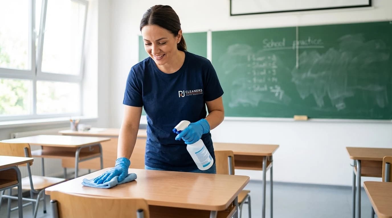 Professional cleaner wiping student desks in classroom with cloth and spray bottle