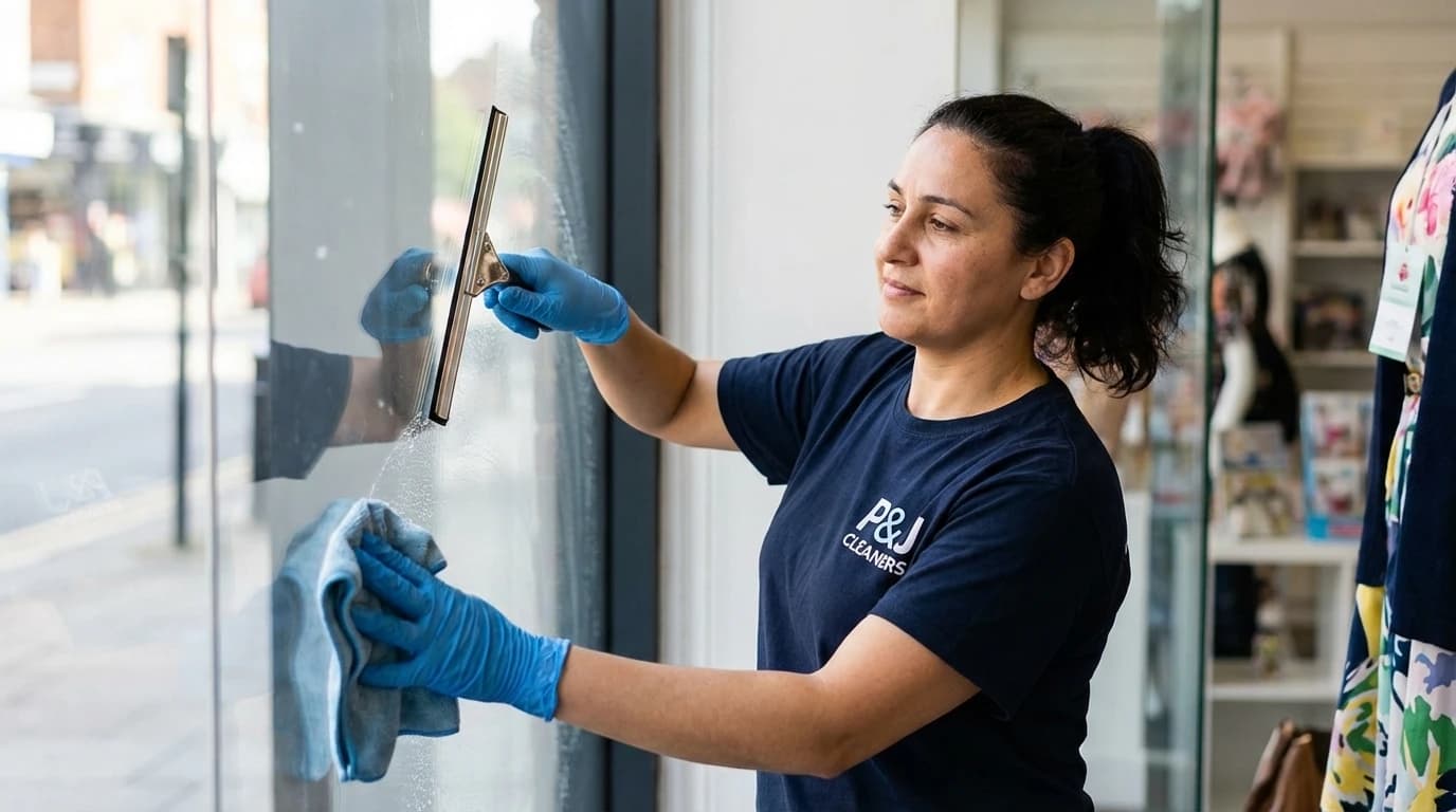 Professional cleaner wiping glass storefront window from inside with c