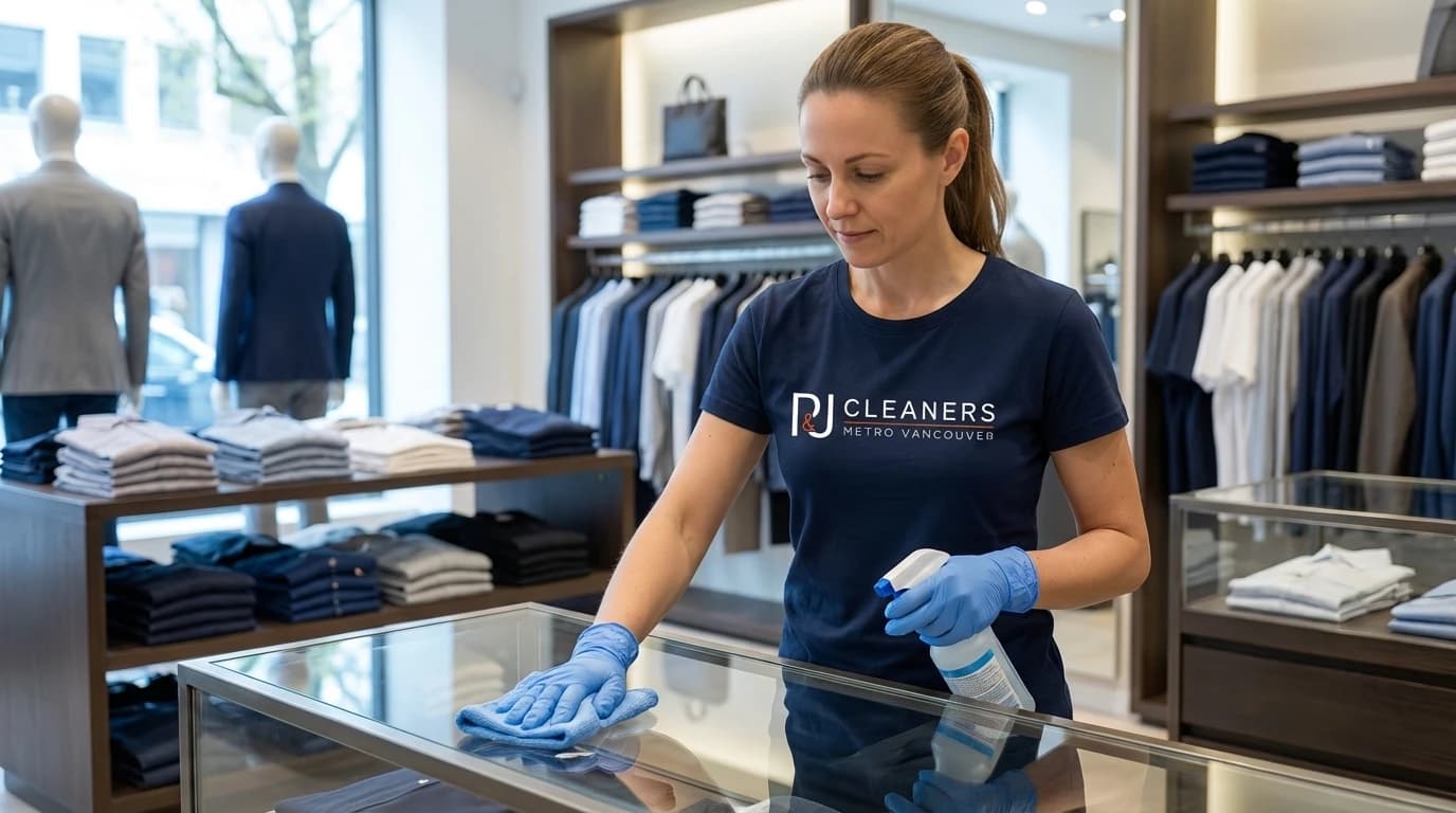 Professional cleaner maintaining retail display shelves with microfiber cloth