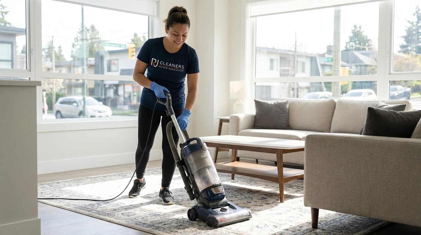Cleaner using upright HEPA vacuum on area rug in bright living room