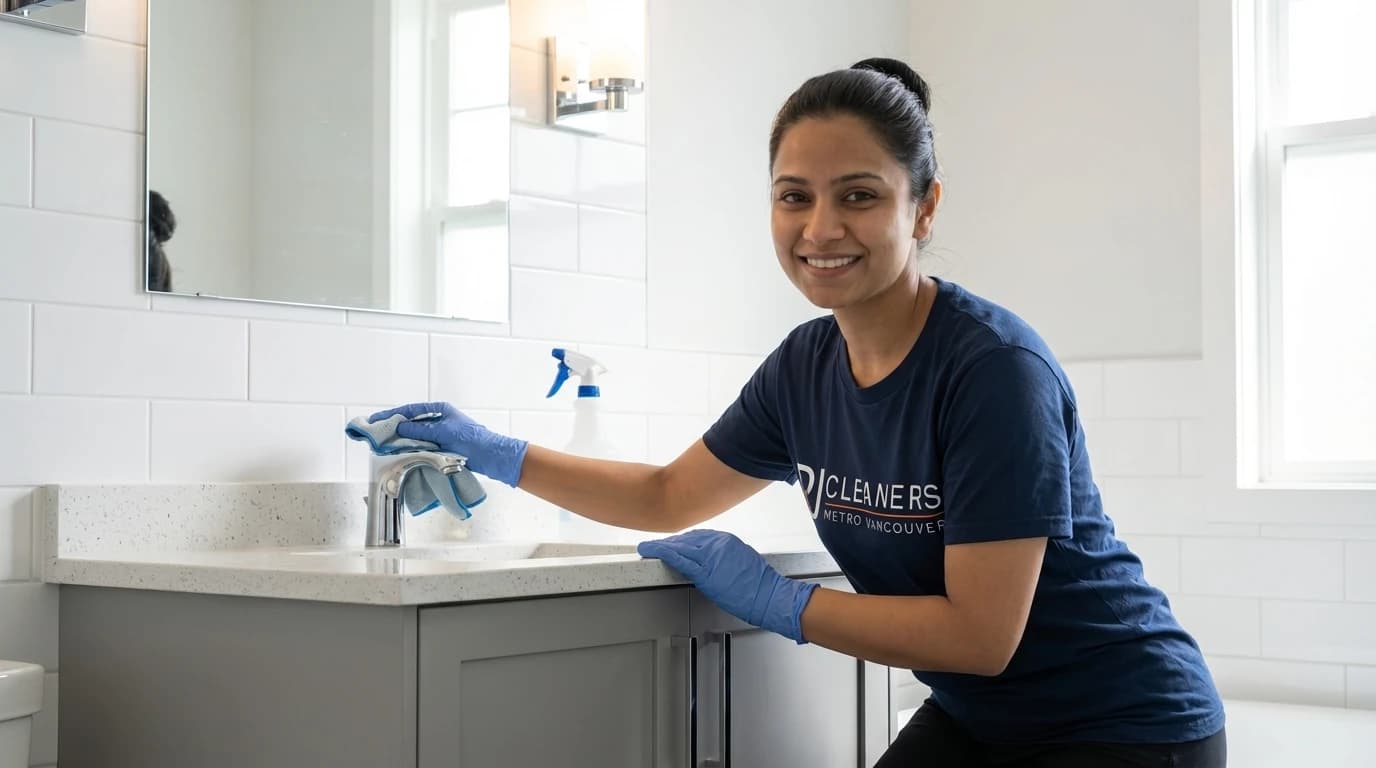 Professional cleaner doing final detail clean of new bathroom after renovation