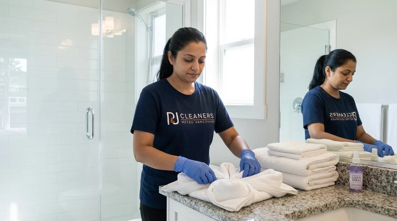 Professional cleaner sanitizing luxury Airbnb bathroom with folded white towels