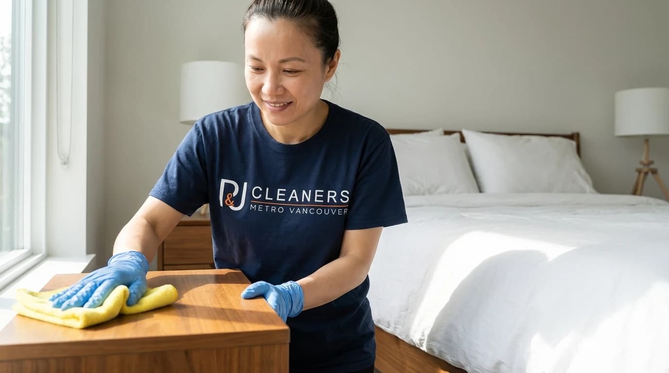 Professional cleaner preparing Langley Airbnb bedroom for guest arrival