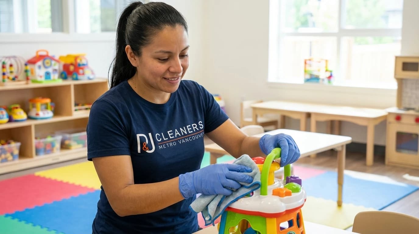 Professional cleaner sanitizing daycare play area and toys with cloth and spray