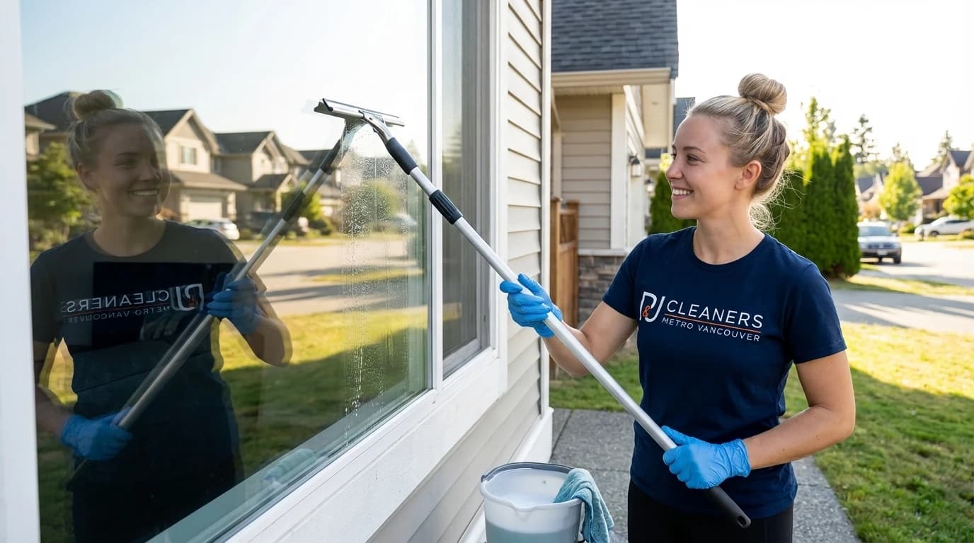 Professional cleaner washing exterior home windows with squeegee and bucket in summer