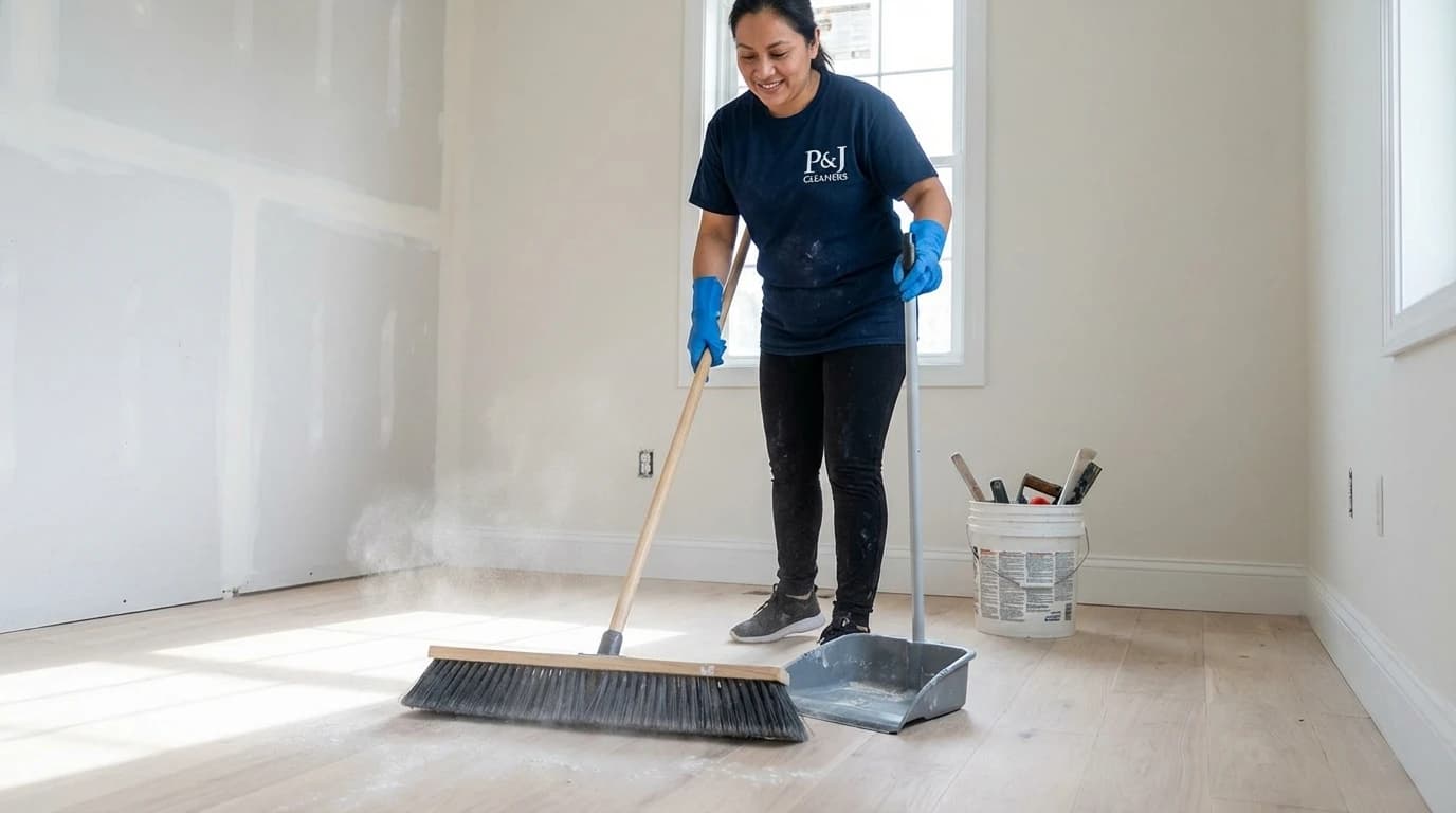 Commercial cleaner removing construction debris with industrial broom in new office space