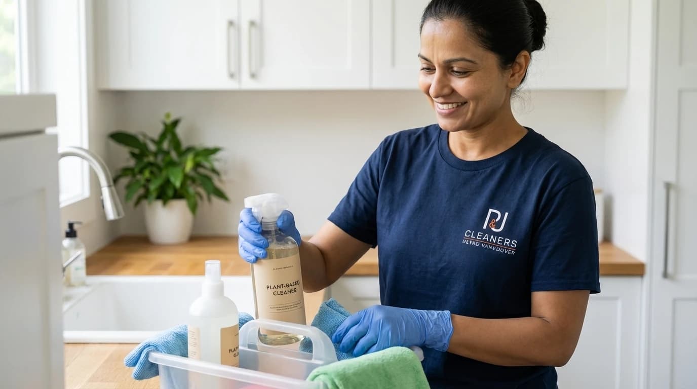 Professional cleaner with refillable eco cleaning products debunking green cleaning myths