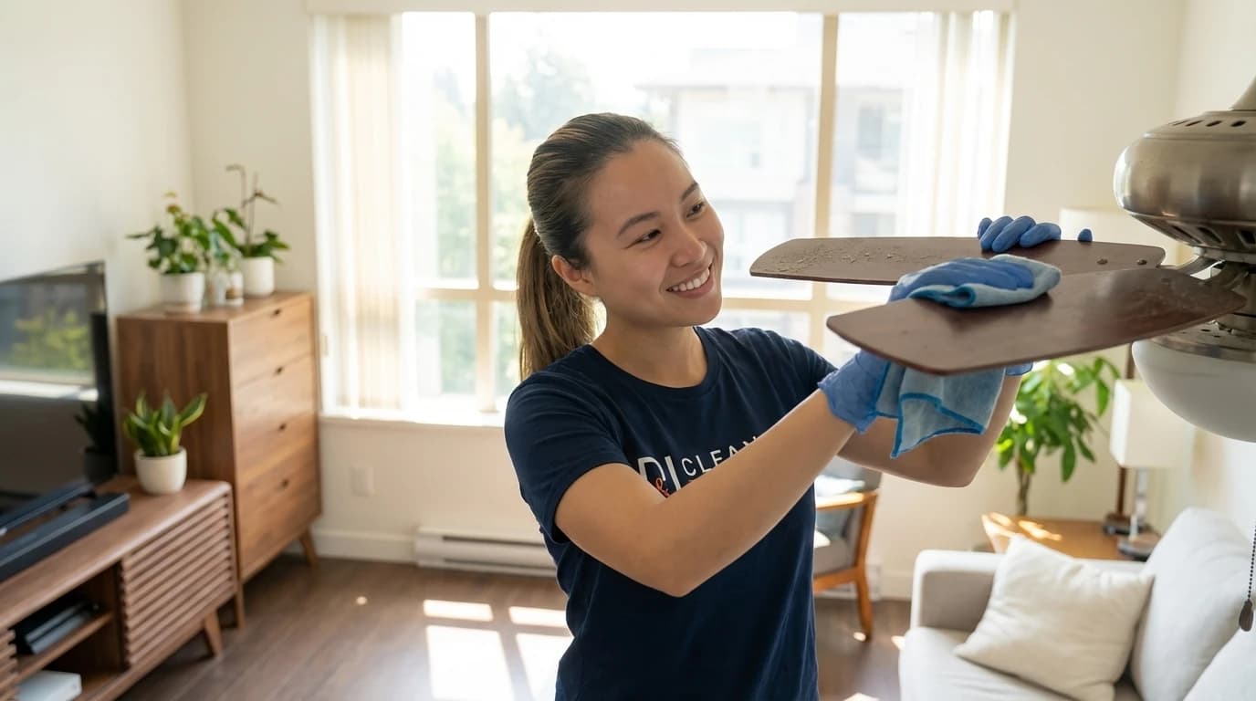 Professional cleaner wiping ceiling fan blades during summer maintenance cleaning