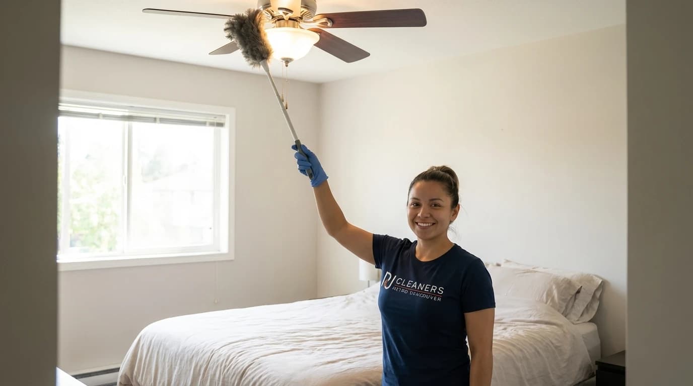 Professional cleaner dusting chandelier and light fixture