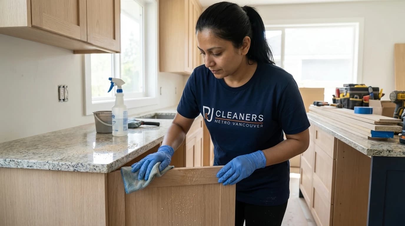 Cleaner removes construction dust from new kitchen cabinets using microfibre cloth