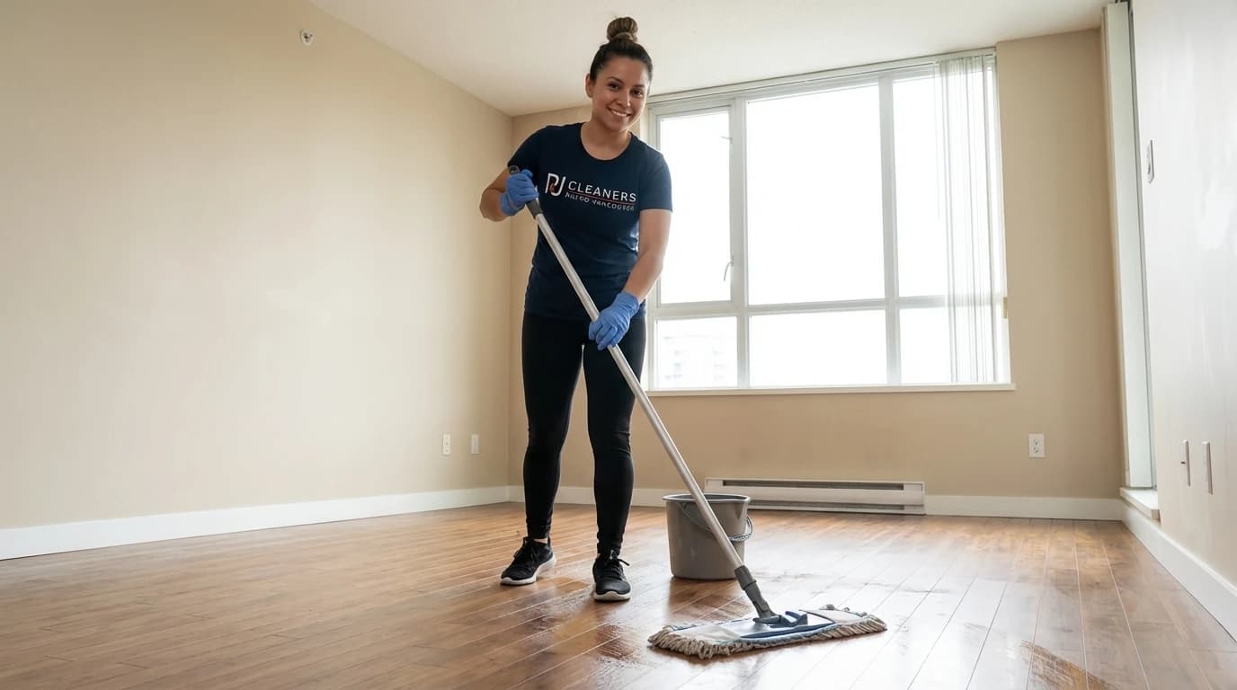 Professional cleaner mopping laundry room floor
