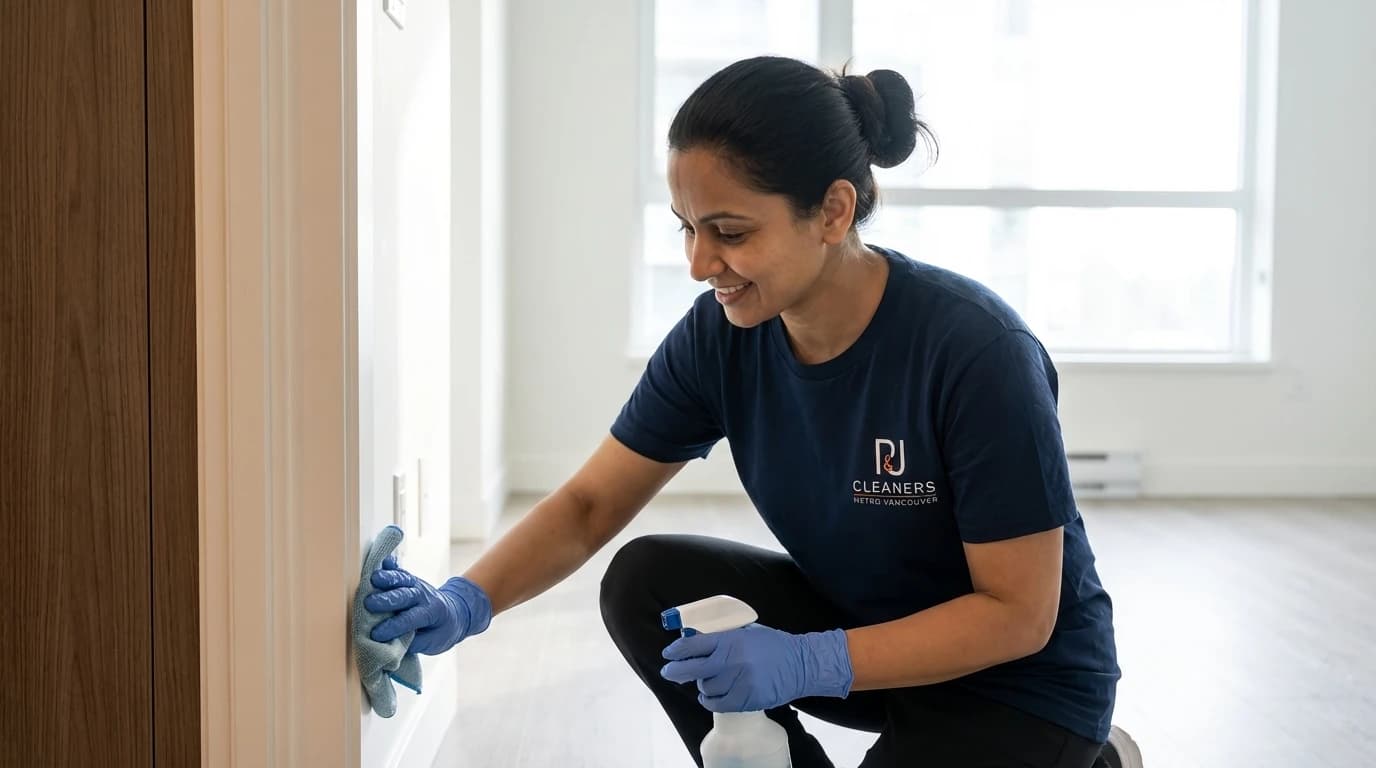 Professional cleaner wiping baseboards in empty Vancouver apartment during move-out