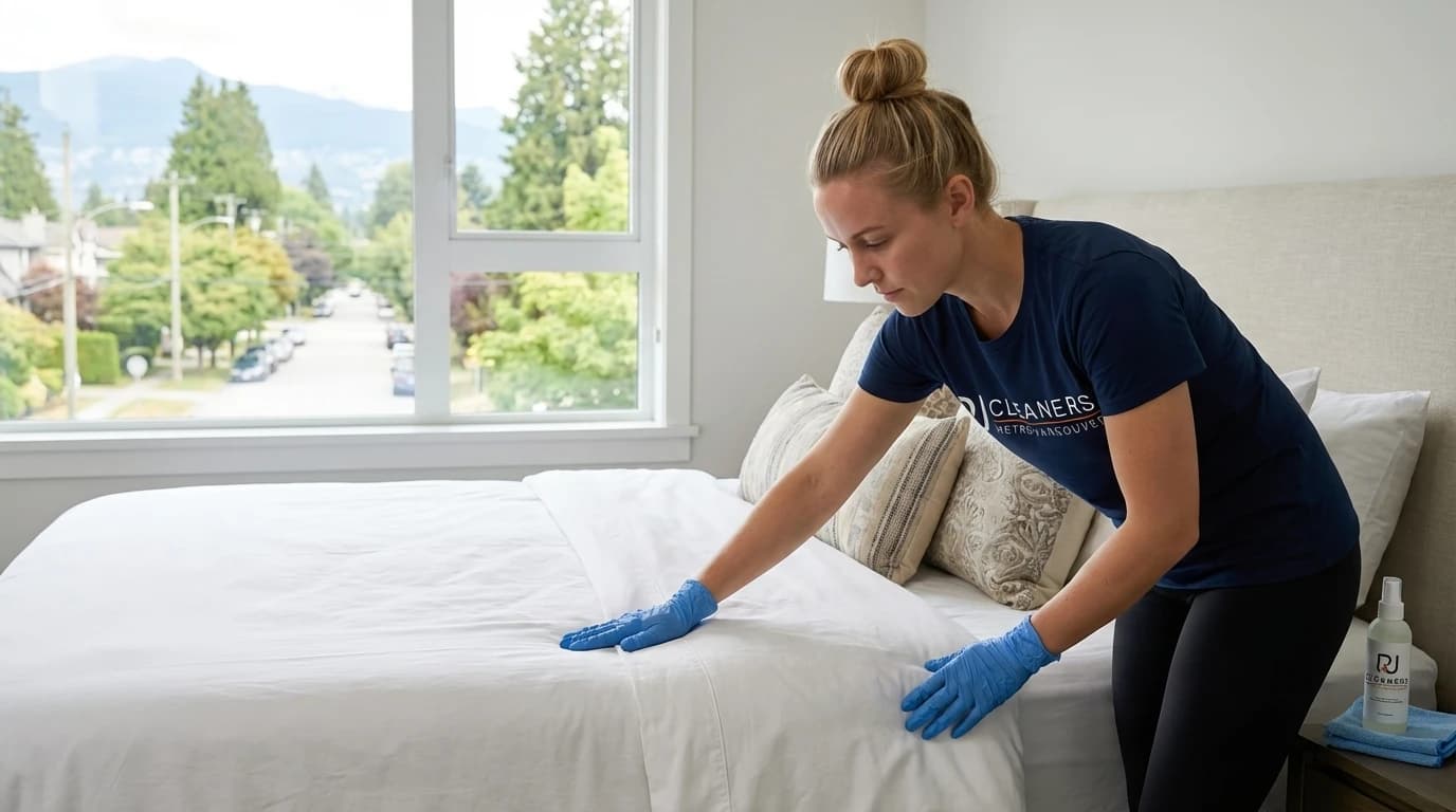 Professional cleaner making hotel-style bed with crisp white sheets for guest arrival