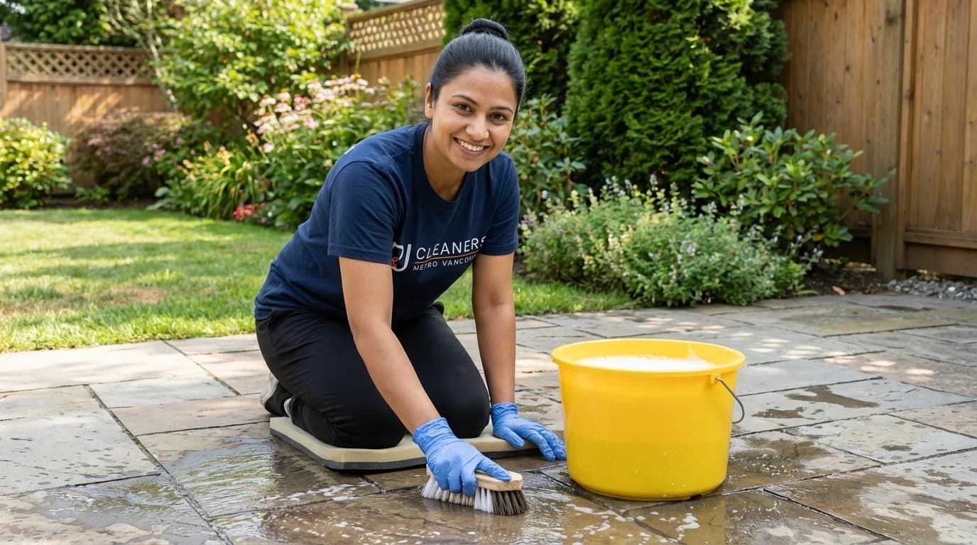 Professional cleaner scrubbing outdoor patio with brush removing dirt buildup