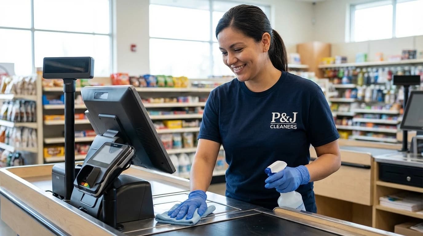 Professional cleaner sanitizing checkout counter and pos terminal in r