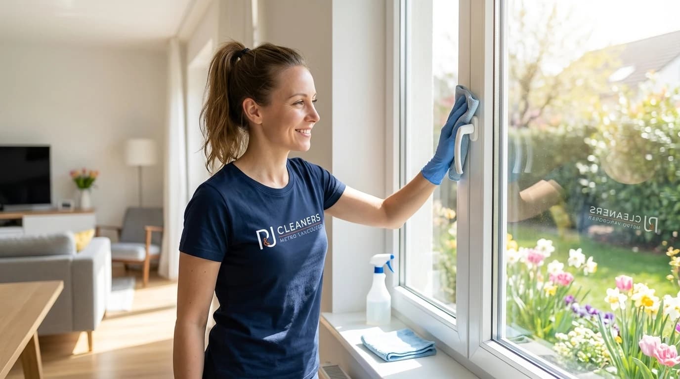 Professional cleaner opening clean windows to let fresh air flow through bright room