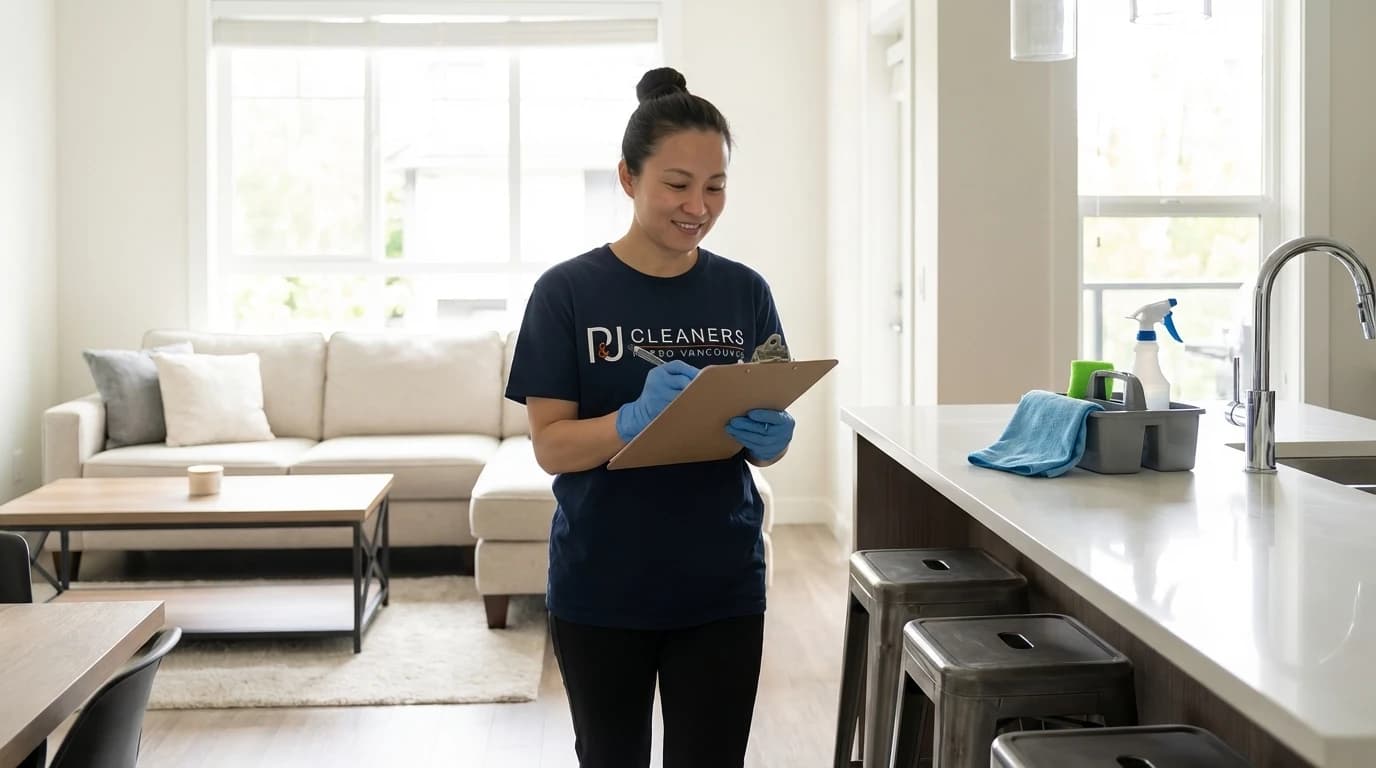 Professional cleaner doing final walkthrough of spotless Burnaby vacation rental