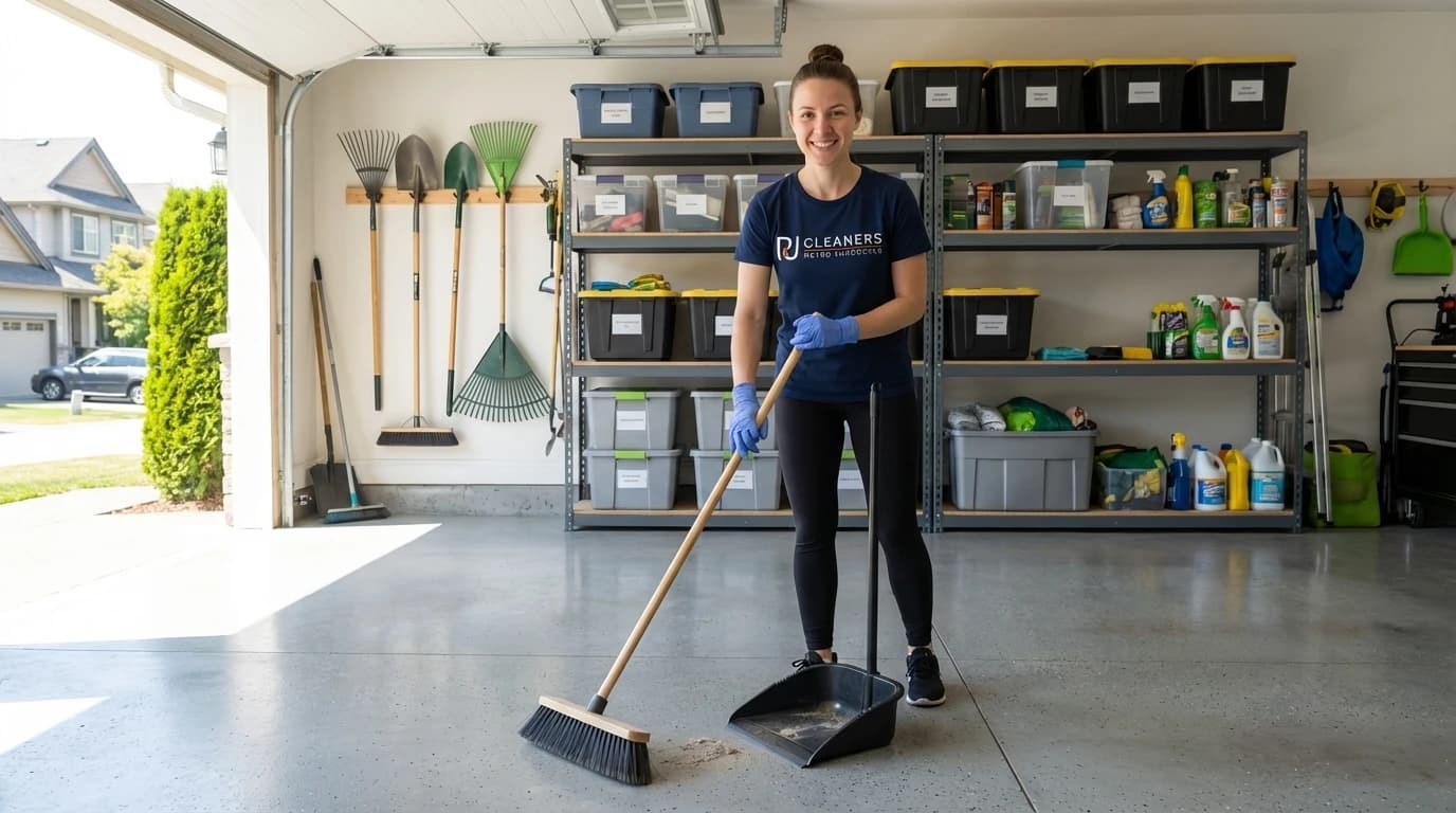 Professional cleaner cleaning residential garage floor with broom and dustpan