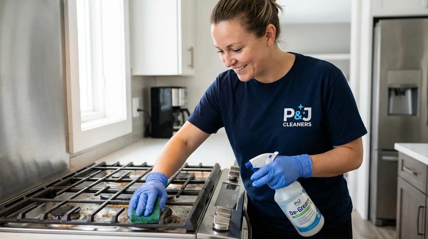Professional cleaner cleaning stovetop range with scrub pad and degreaser