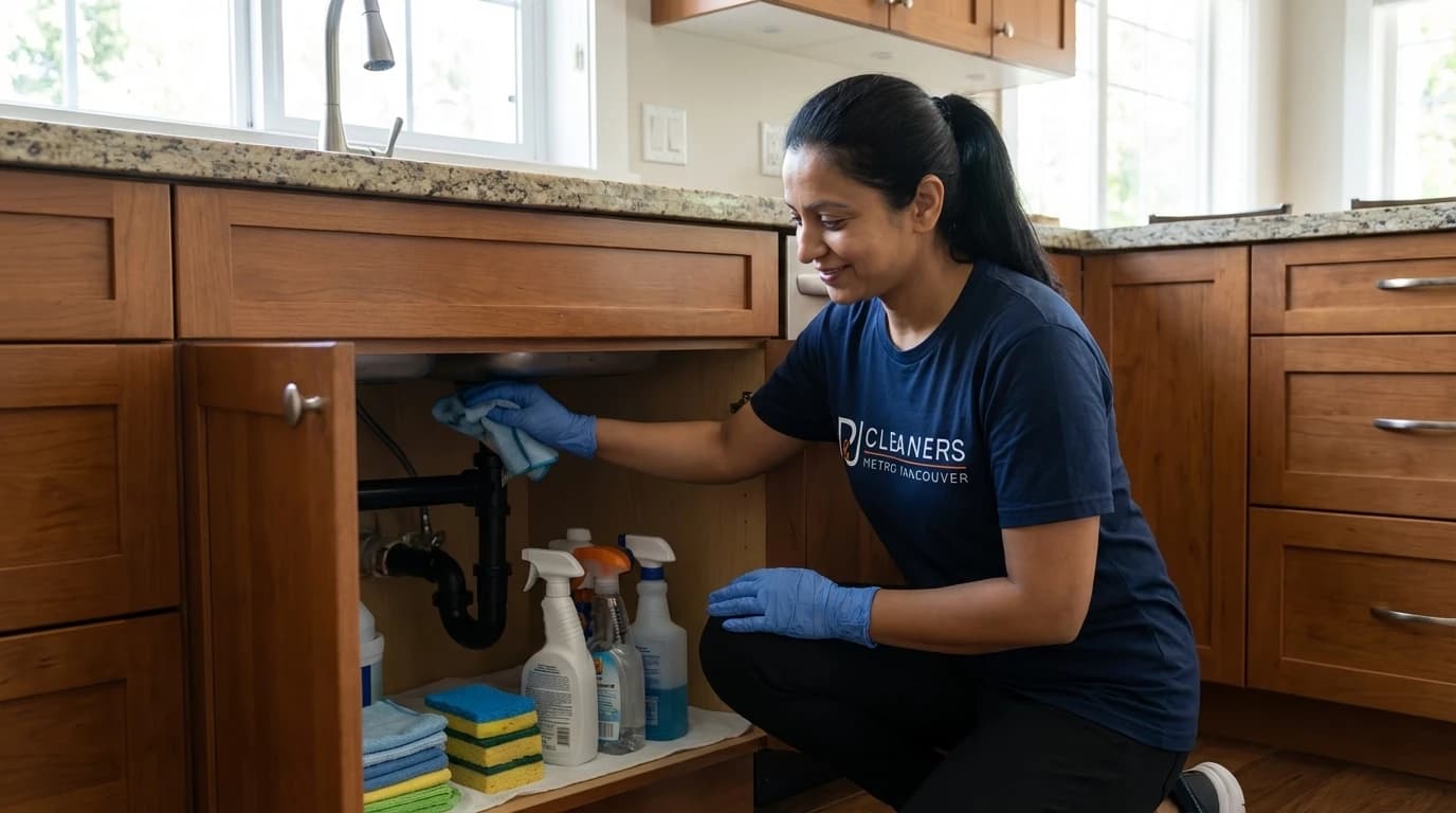Professional cleaner organizing essential cleaning supplies under kitchen sink in Vancouver home
