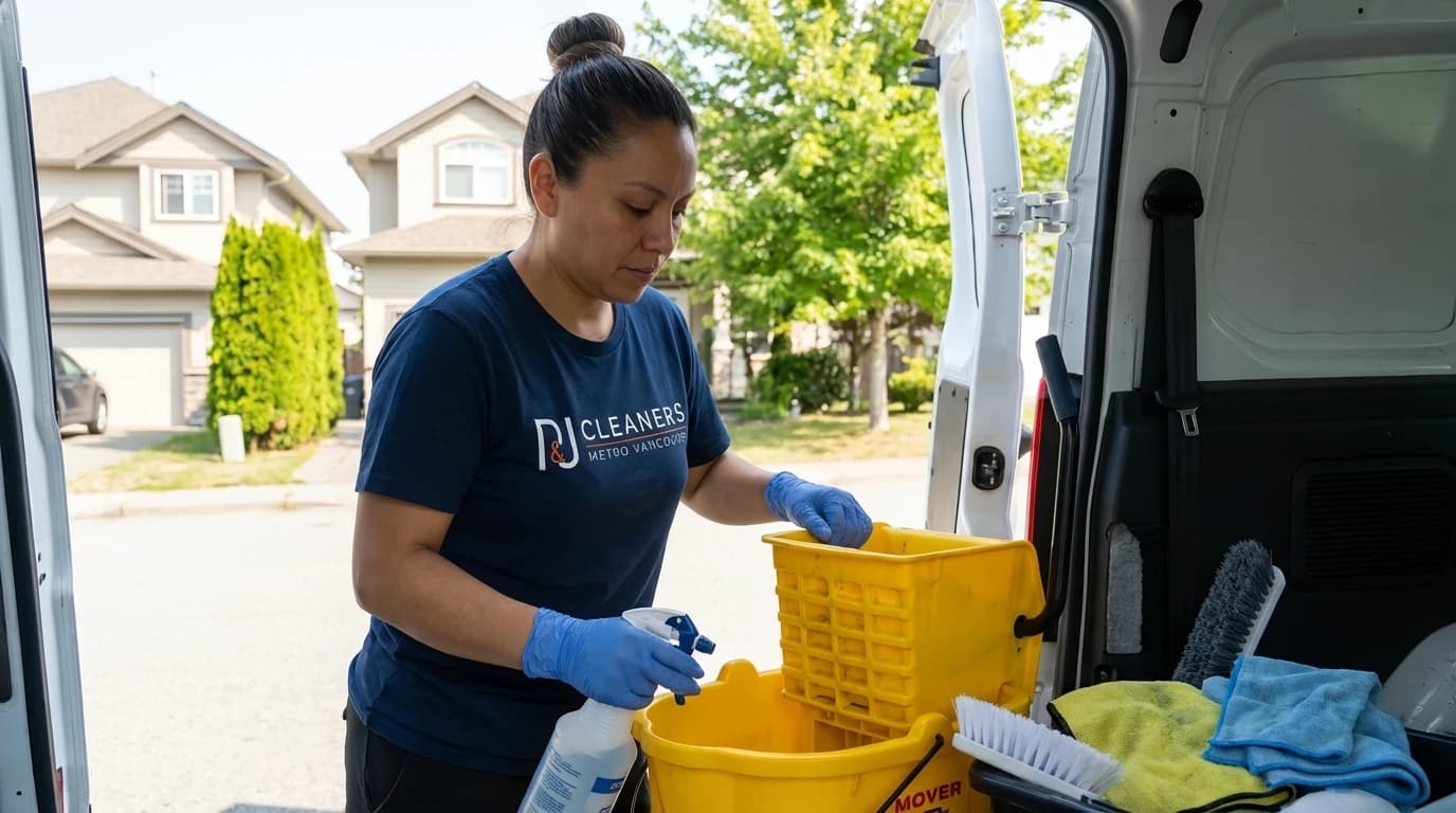 Professional cleaner organizing supplies in van, demonstrating systematic approach to cleaning tasks