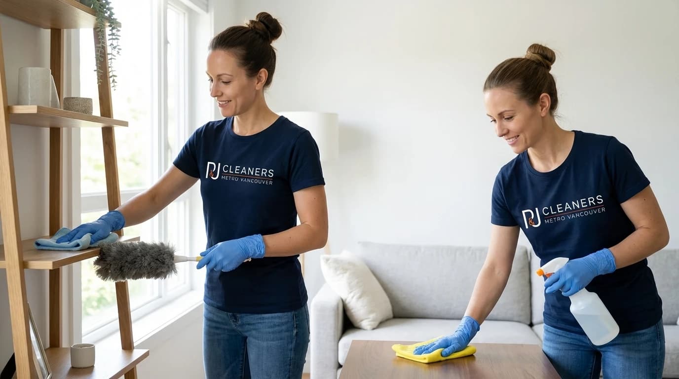 Two professional cleaners working efficiently in organized living room with clear access