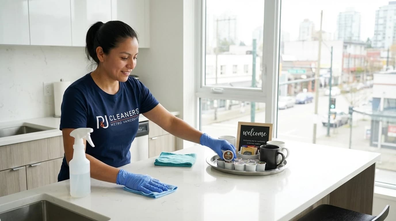 Professional cleaner sanitizing vacation rental kitchen counter with checklist