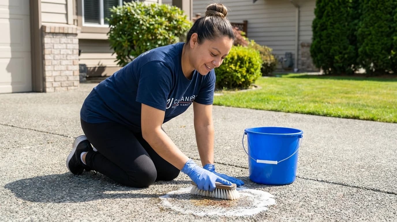 Cleaner scrubbing concrete garage floor with degreaser and stiff brush