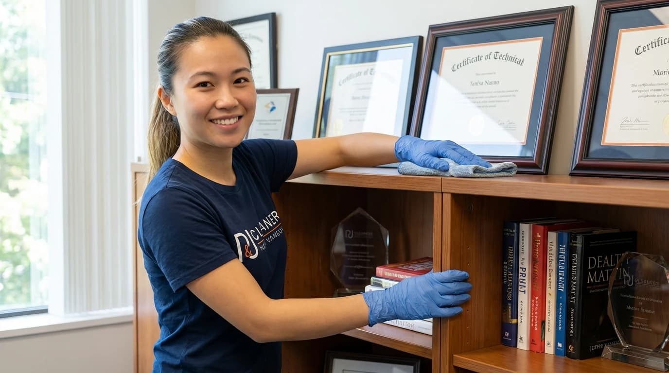 Professional cleaner dusting office bookshelf and wiping framed certificates with microfiber cloth