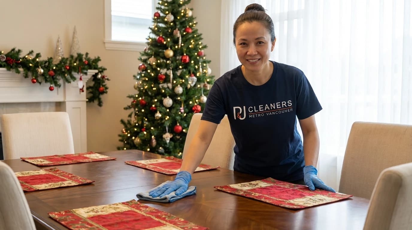 Professional cleaner polishing dining room table and setting for guests