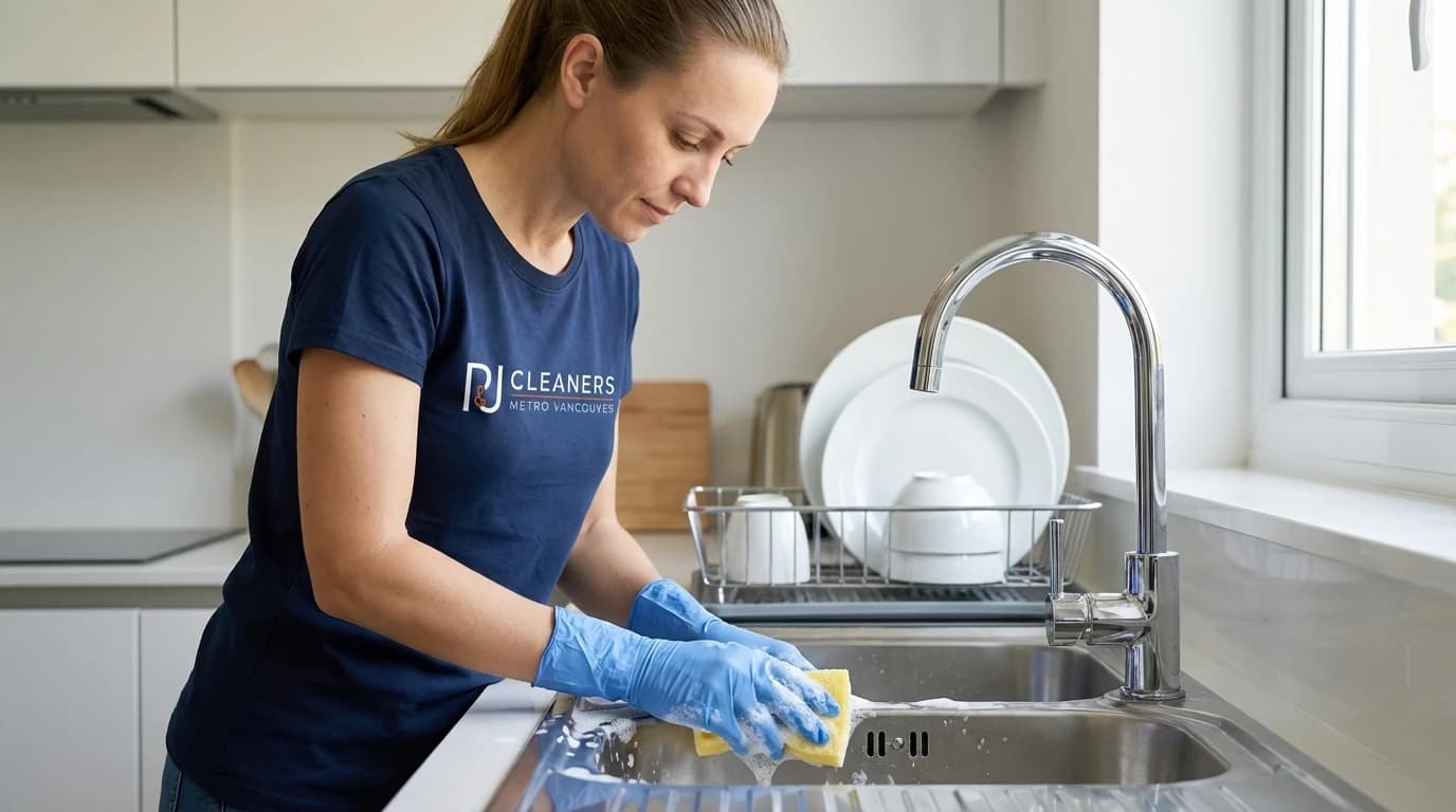 Professional cleaner scrubbing stainless steel kitchen sink with sponge and eco-friendly dish soap
