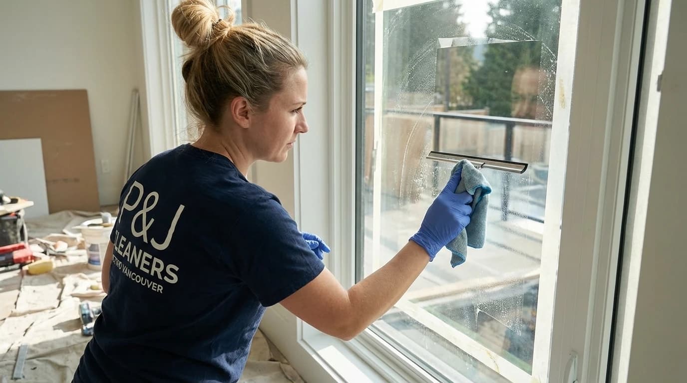 Professional cleaner wiping new windows after construction in Richmond high-rise