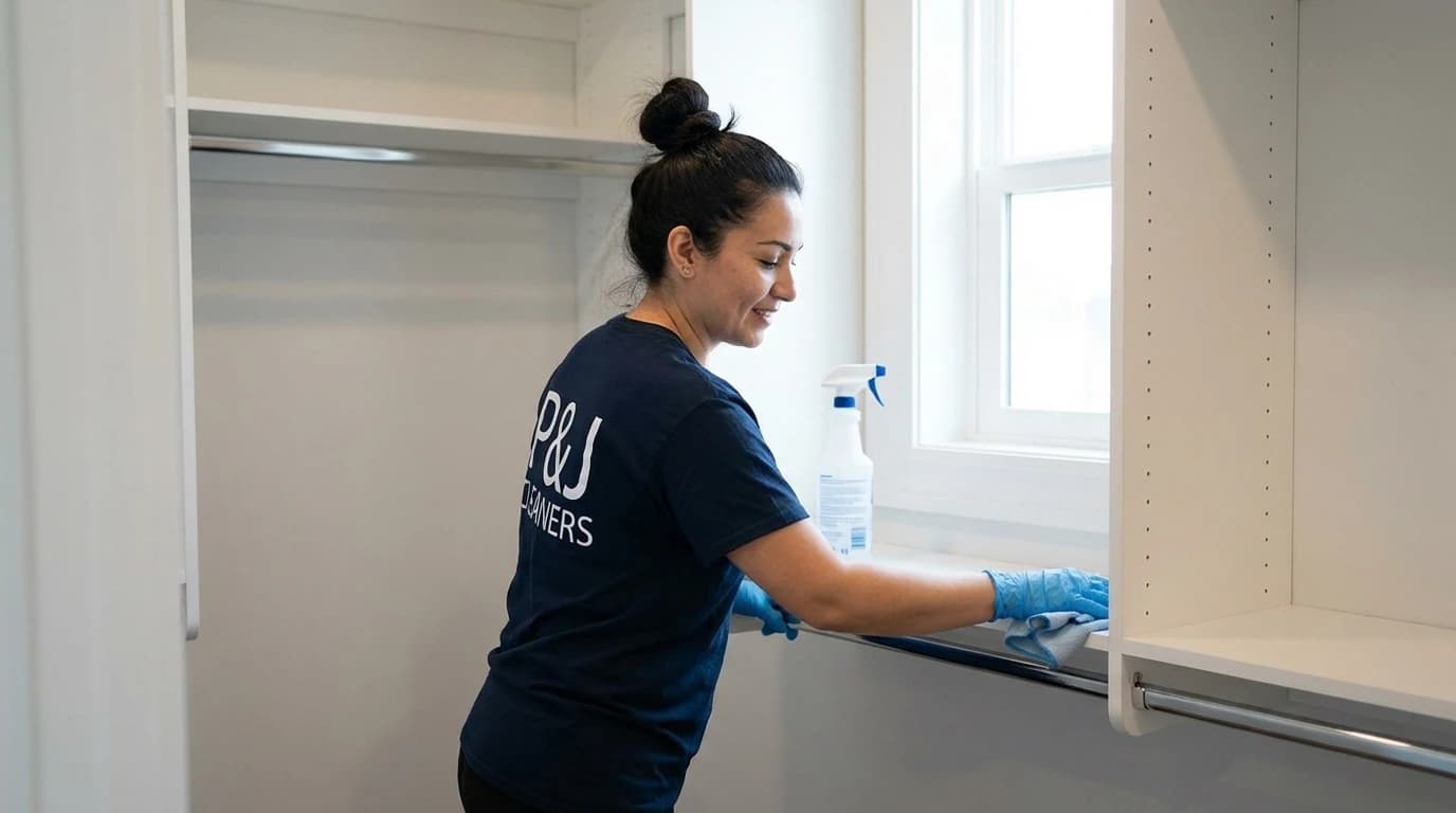 Professional cleaner cleaning empty closet shelves and rods with cloth