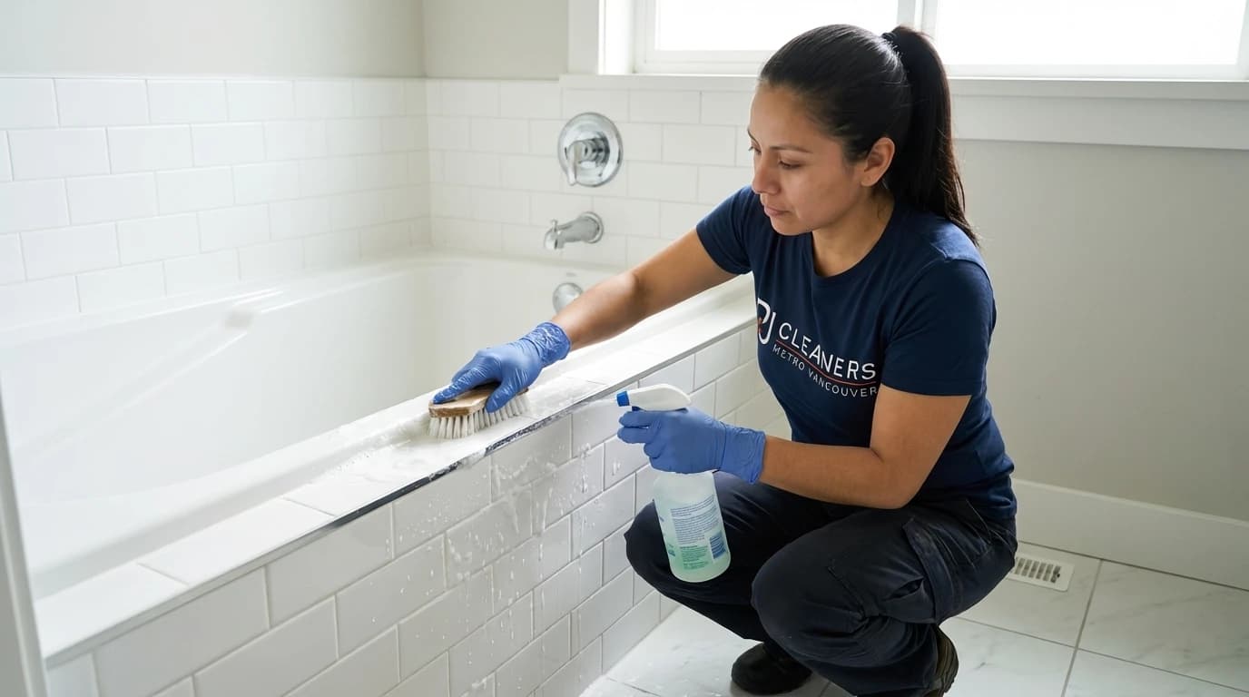Professional cleaner scrubbing white bathtub with brush and eco-friendly cleaning solution